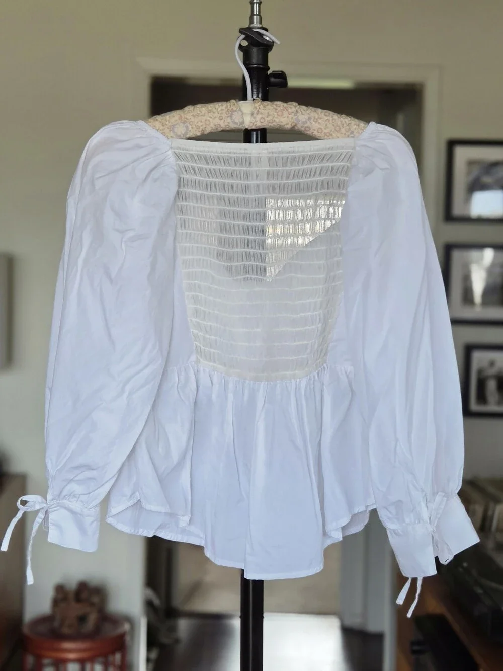 Anthropologie White Smocked Sweetheart Blouse Peasant Top